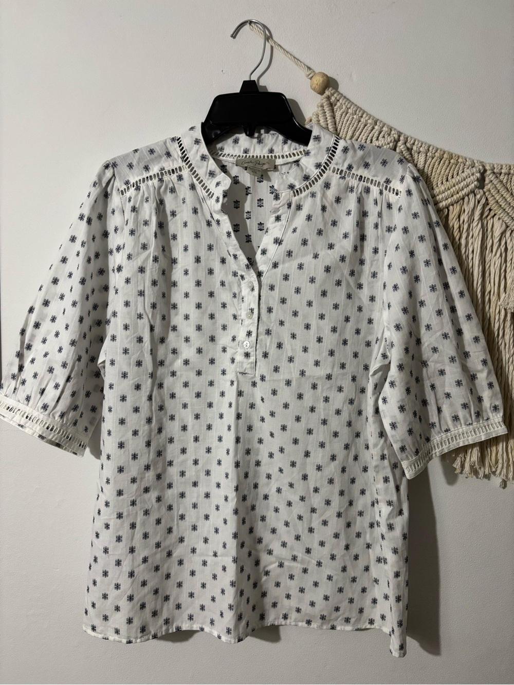 Charlie Paige White Cotton Top with Navy Geometric Print